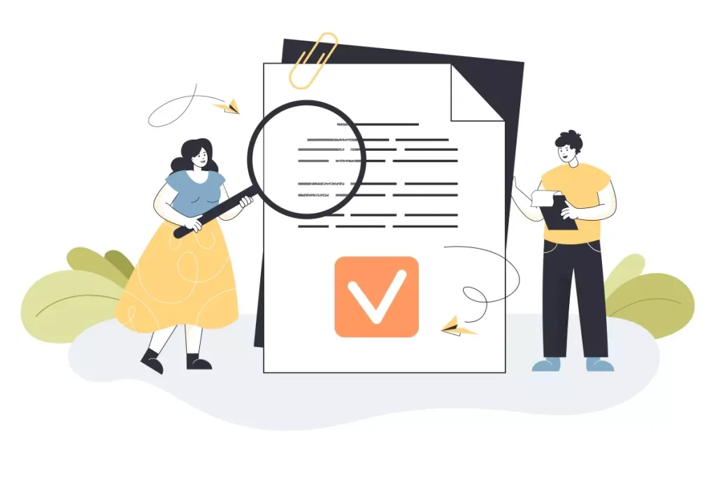 Ilustração representando mudanças no termo de convocação no contrato de trabalho intermitente, com duas pessoas analisando documentos, uma usando lupa e a outra com tablet.