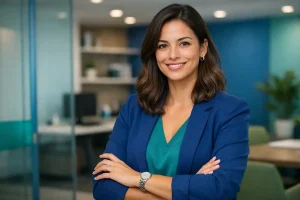 Mulher profissional sorridente no escritório, representando o tema de desconto de faltas no trabalho intermitente, com ambiente empresarial ao fundo.