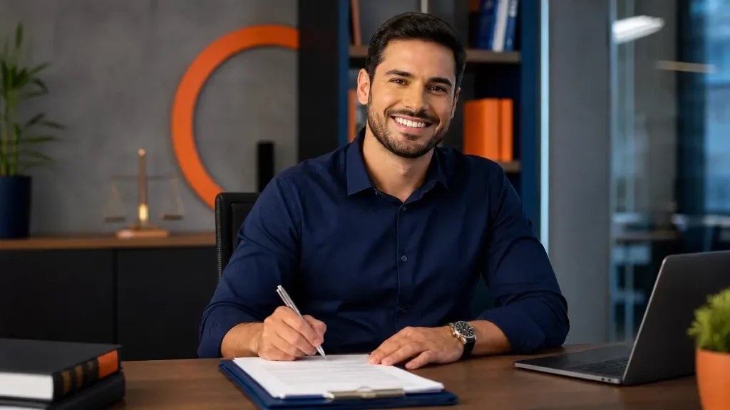 Homem sorrindo em escritório moderno, sentado à mesa com notebook aberto e formalização do contrato de trabalho intermitente, assinando documentos com uma caneta enquanto participa de uma reunião de trabalho.