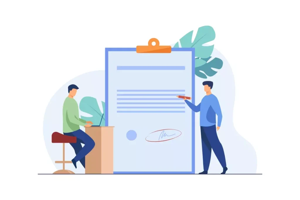 Ilustração digital representando a formalização do contrato de trabalho intermitente, com duas pessoas em negociação ao lado de um documento grande.