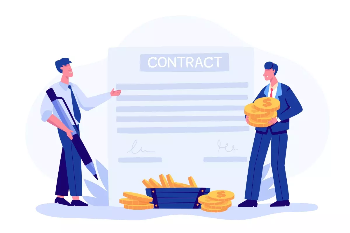 Ilustração representando a discussão sobre adicional de penosidade no contrato de trabalho, com figuras de pessoas, contrato e moedas de valor, simbolizando pagamento extra.