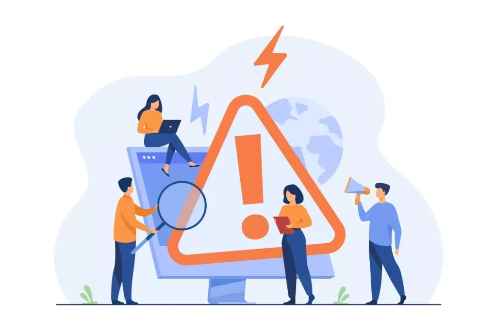 Ilustração de uma advertência no trabalho intermitente, com quatro pessoas ao redor de um monitor exibindo um alerta de aviso, símbolo de atenção e comunicação sobre riscos no trabalho