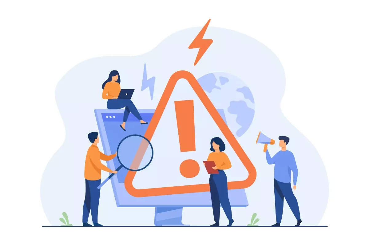 Ilustração de uma advertência no trabalho intermitente, com quatro pessoas ao redor de um monitor exibindo um alerta de aviso, símbolo de atenção e comunicação sobre riscos no trabalho