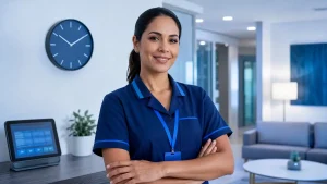 Recepcionista uniformizada com crachá, sorrindo e com os braços cruzados em um escritório moderno, com relógio na parede e tecnologia ao fundo representando a escala 12x36 no trabalho intermitente.