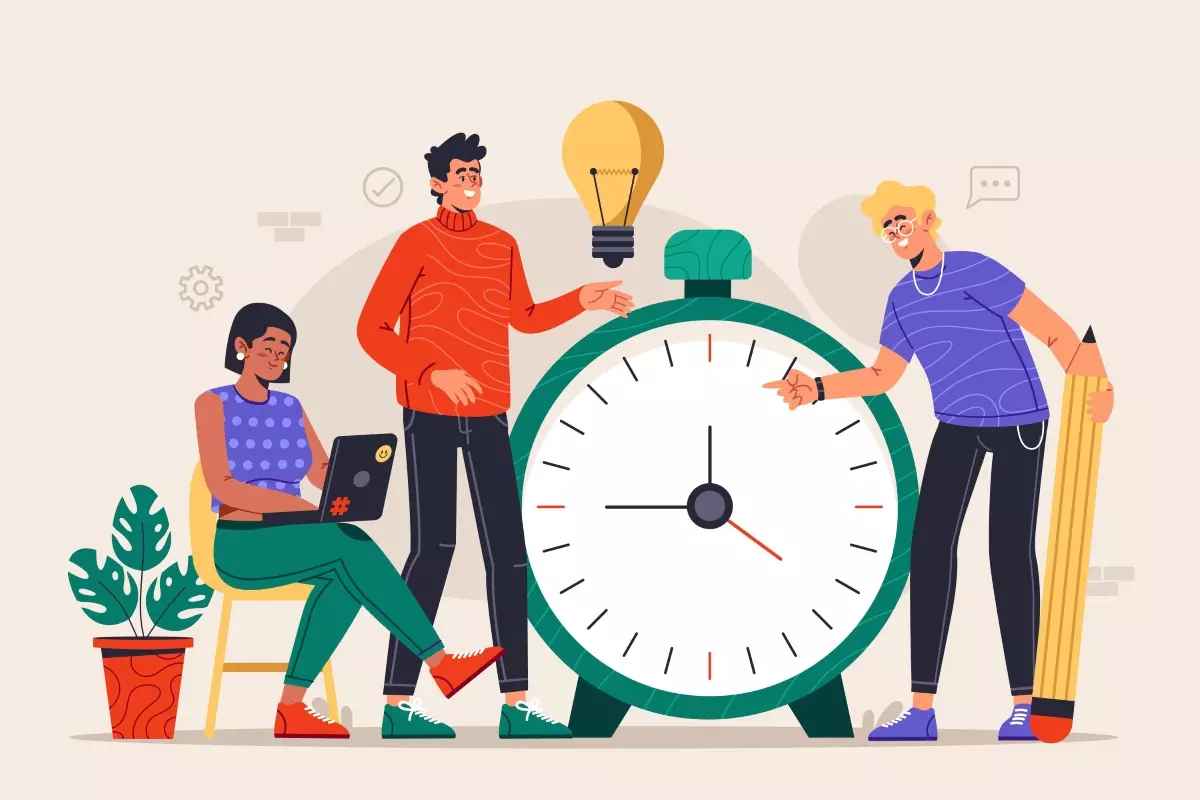 Ilustração com três pessoas discutindo ao redor de um grande relógio que simboliza a escala 12x36 no trabalho intermitente, com elementos de criatividade e produtividade.