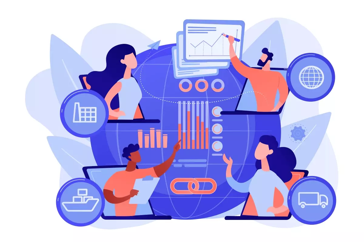 Ilustração sobre ferramenta para gestão do contrato de trabalho intermitente, mostrando pessoas interagindo com gráficos e dados digitais.