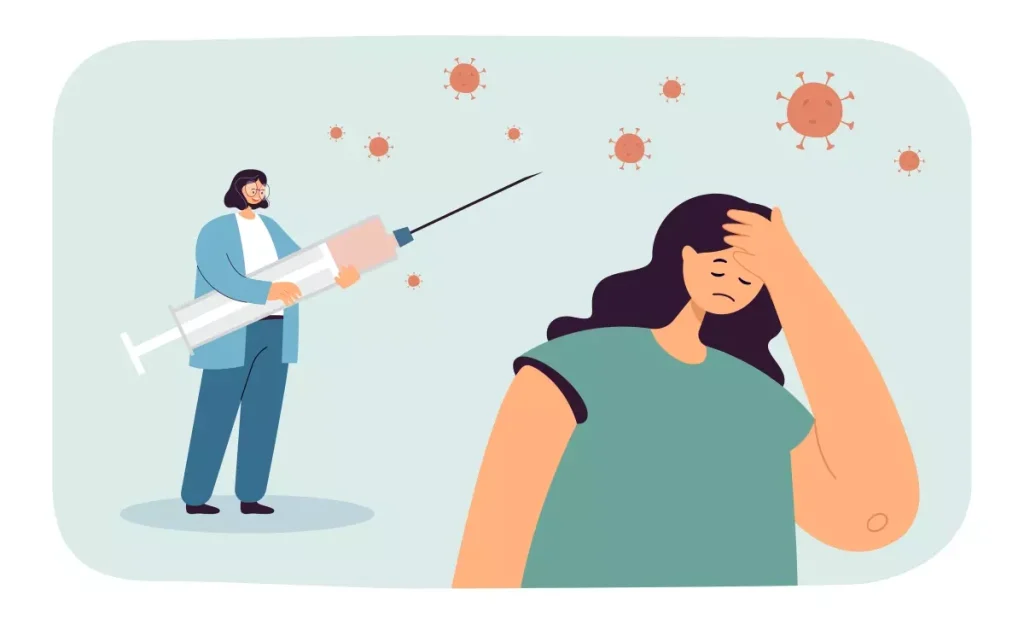 Ilustração de uma mulher preocupada com vírus da Covid-19 e uma profissional de saúde com uma seringa, representando a importância da vacinação e o risco de demissão por não vacinar contra a Covid-19.
