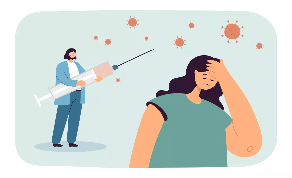 Ilustração de uma mulher preocupada com vírus da Covid-19 e uma profissional de saúde com uma seringa, representando a importância da vacinação e o risco de demissão por não vacinar contra a Covid-19.