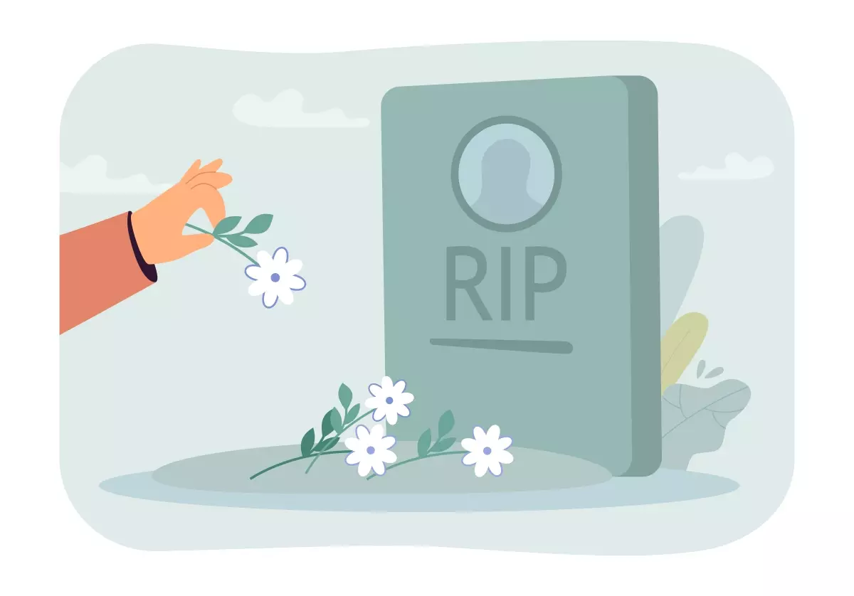 Ilustração representando a rescisão por falecimento do trabalhador intermitente, com uma flor sendo colocada no túmulo, símbolo de despedida e respeito.