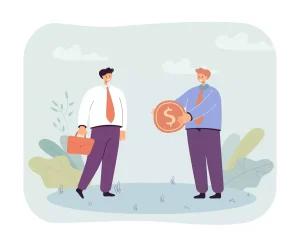 Ilustração de dois homens em um ambiente ao ar livre, um deles entregando um símbolo de dinheiro, representando o abono pecuniário no contrato de trabalho intermitente.