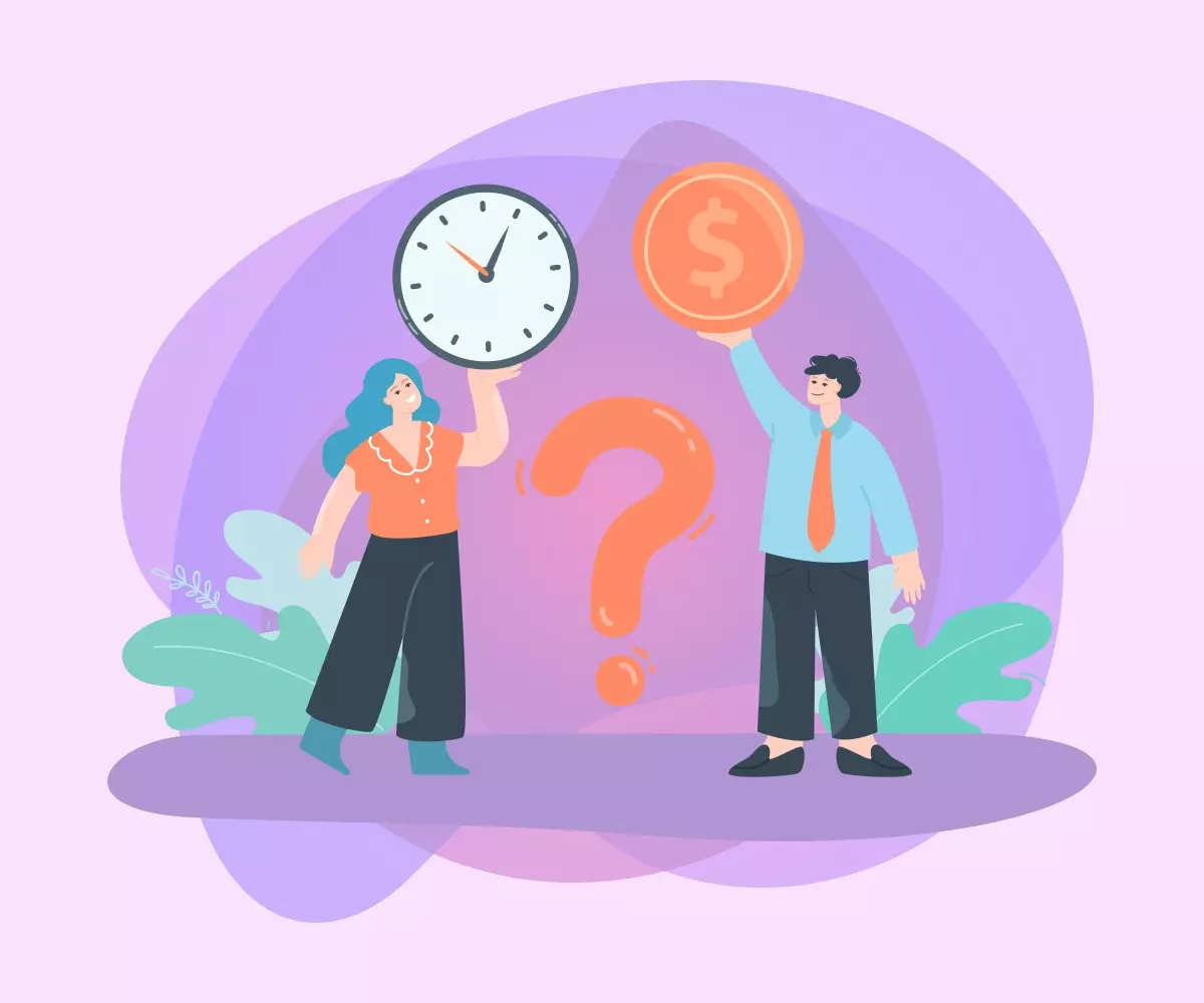 Ilustração representando contrato de trabalho intermitente e garantia do PIS, com uma pessoa segurando um relógio e outra com uma moeda, simbolizando direitos e benefícios trabalhistas.