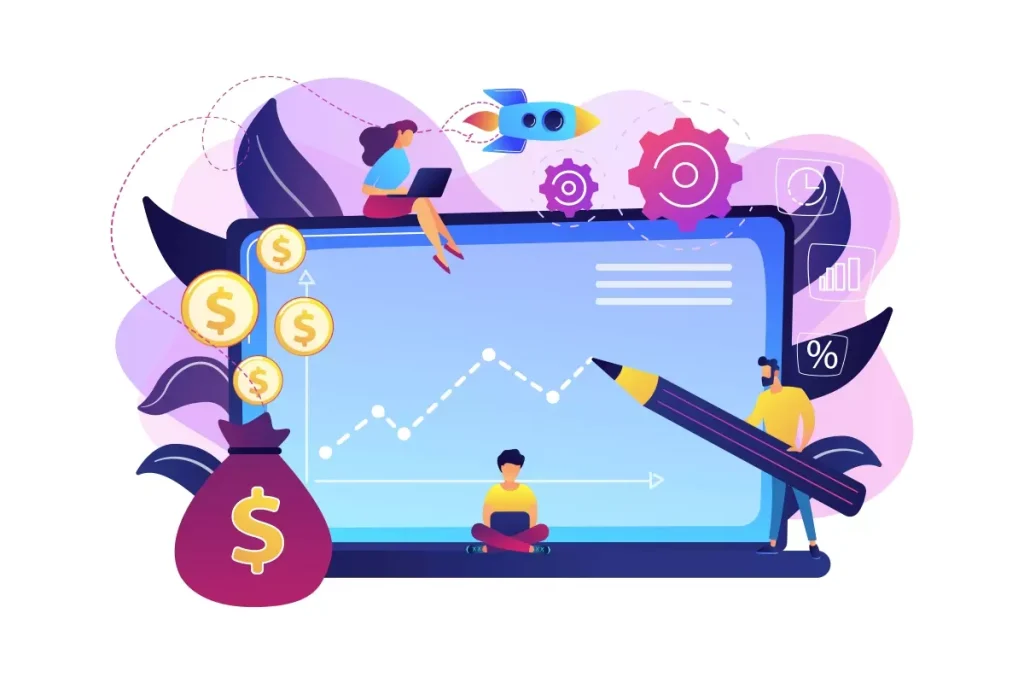 Ilustração digital explicando os custos do trabalhador intermitente, com gráficos financeiros, moedas, jovens usando laptops, simbolizando economia e trabalho flexível