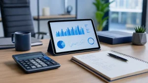Tablet em uma mesa de escritório exibindo gráficos e indicadores de desempenho, ao lado de calculadora com os custos do trabalhador intermitente, caderno e caneta em ambiente corporativo com plantas ao fundo