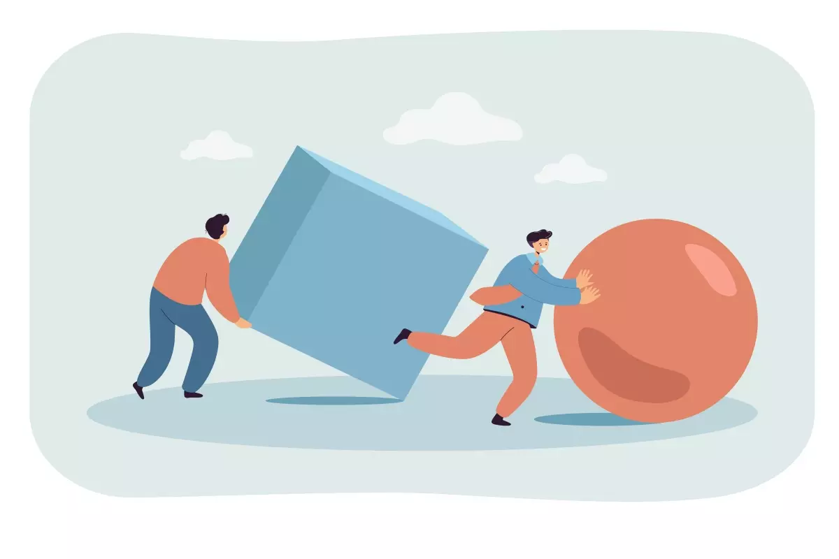 Ilustração representando o Dano Material no Contrato Intermitente, com duas pessoas empurrando uma grande bola e um cubo, simbolizando obstáculos e prejuízos financeiros.