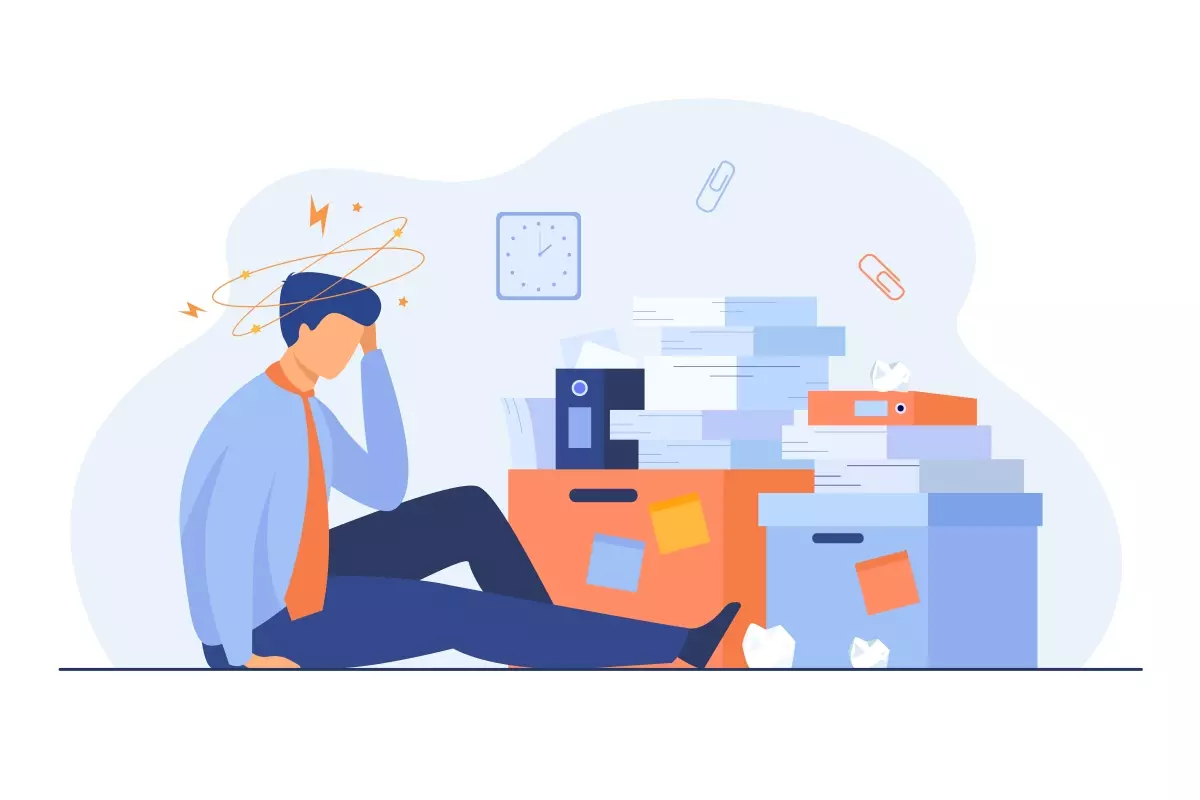 Ilustração representando o estresse causado pela demissão após o afastamento do trabalhador intermitente, com uma pessoa sobrecarregada e documentos empilhados.