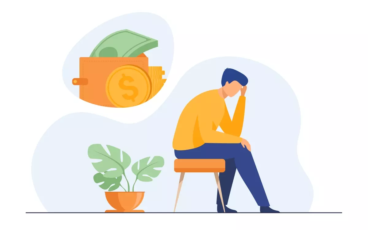 Ilustração de um homem pensativo com uma planta, uma carteira com dinheiro e moedas ao fundo, representando dificuldades financeiras relacionadas ao Aviso Prévio no Trabalho Intermitente.