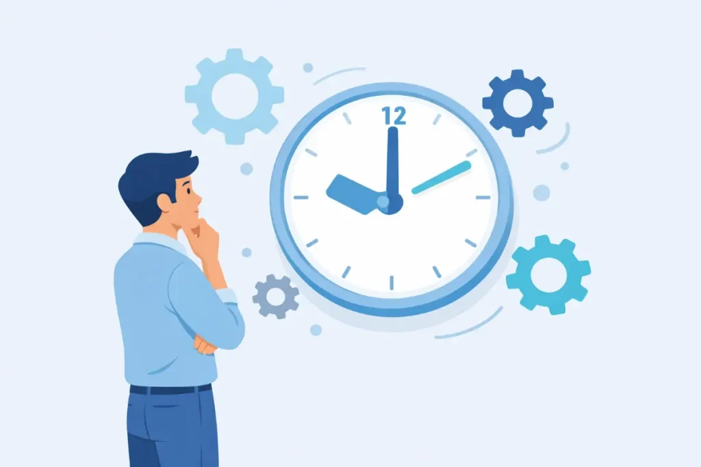 Ilustração de um homem pensando sobre a quantidade de horas extras no trabalho intermitente, com um relógio e engrenagens ao fundo.