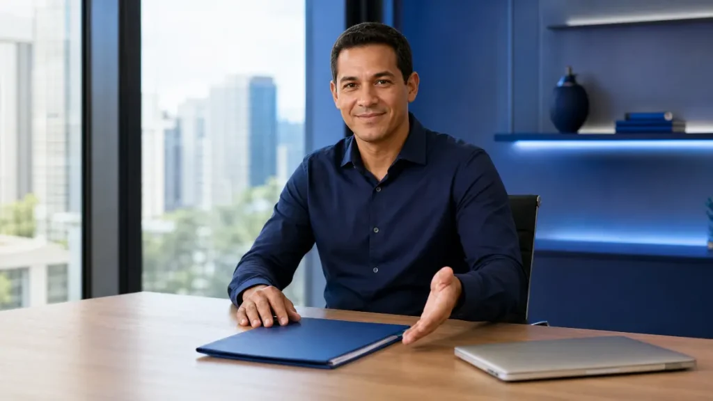 Homem em escritório moderno, sentado à mesa com tablet e documentos, sorrindo e apresentando a mão em gesto de conversa, com vista urbana ao fundo representando como regularizar o INSS no trabalho intermitente.