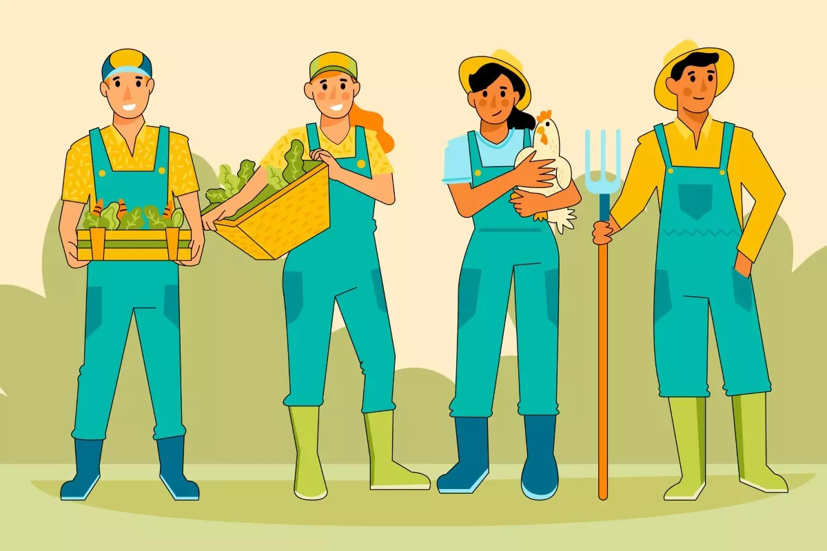 Ilustração de trabalhadores rurais participando de atividades agrícolas, promovendo a implementação do Trabalho Intermitente no setor agrícola, incentivando a flexibilidade e a inclusão no campo.