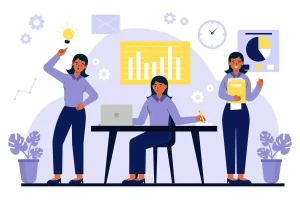 Ilustração de profissionais de RH trabalhando com dados e gráficos, discutindo estratégias para o trabalho intermitente, com foco na gestão de recursos humanos nesse modelo.