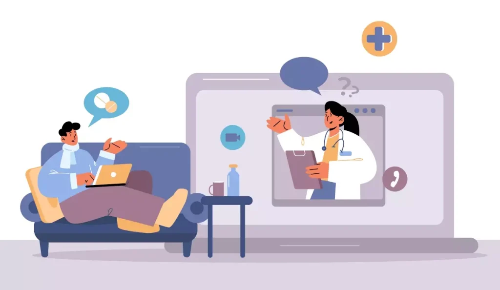 Paciente em isolamento assistindo a uma consulta médica por videoconferência, destacando a importância do contato com doentes em isolamento por meio digital.