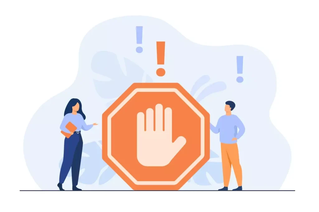 Ilustração sobre a obrigatoriedade de inatividade no Trabalho Intermitente, com pessoas ao lado de sinal de pare e sinais de alerta, destacando a importância de respeitar esse período.