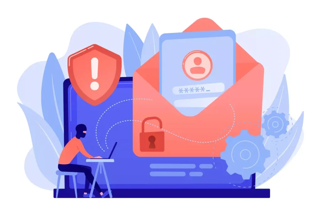 Ilustração de trabalhador não registrado usando computador, com símbolos de segurança e proteção de dados, refletindo riscos e vulnerabilidades.