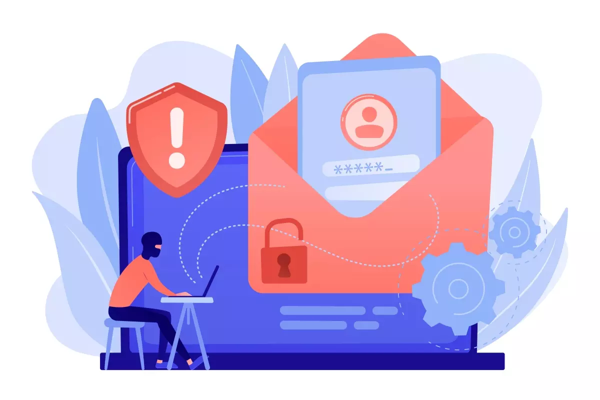 Ilustração de trabalhador não registrado usando computador, com símbolos de segurança e proteção de dados, refletindo riscos e vulnerabilidades.