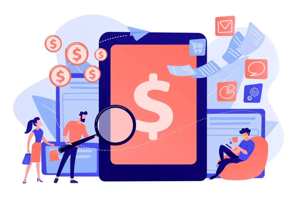 Ilustração representando o adiantamento do 13° salário no contrato intermitente, com destaque para dispositivos móveis, dinheiro, e profissionais envolvidos no processo de gestão financeira.