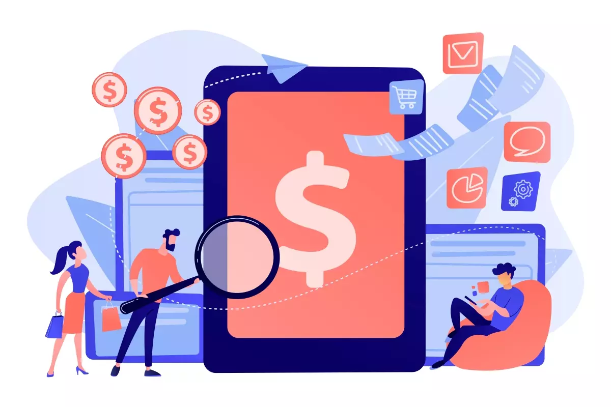 Ilustração representando o adiantamento do 13° salário no contrato intermitente, com destaque para dispositivos móveis, dinheiro, e profissionais envolvidos no processo de gestão financeira.