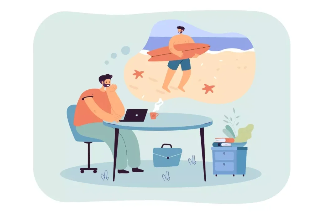 Ilustração de um trabalhador de contrato intermitente planejando férias coletivas na praia enquanto trabalha no computador em um escritório