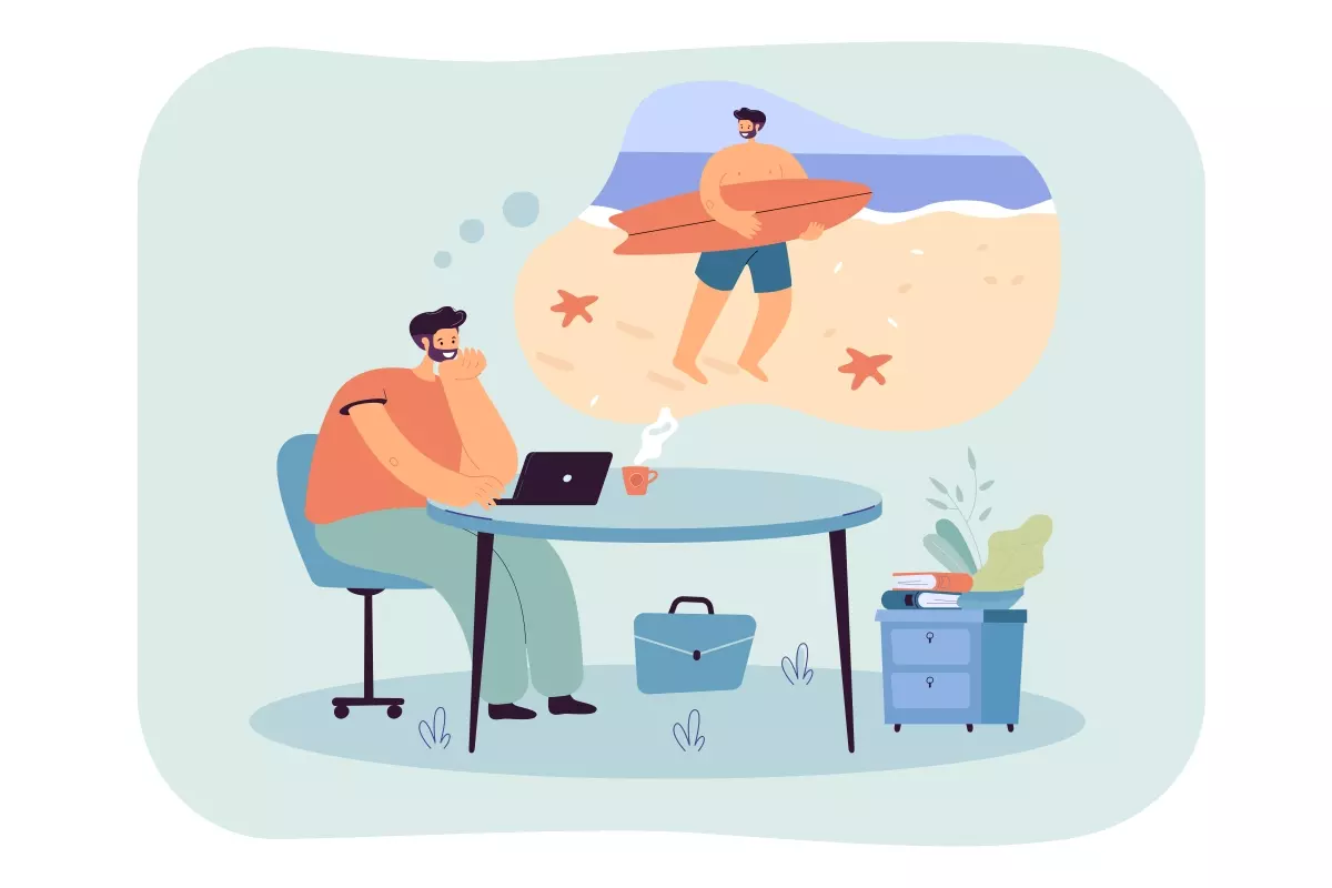 Ilustração de um trabalhador de contrato intermitente planejando férias coletivas na praia enquanto trabalha no computador em um escritório