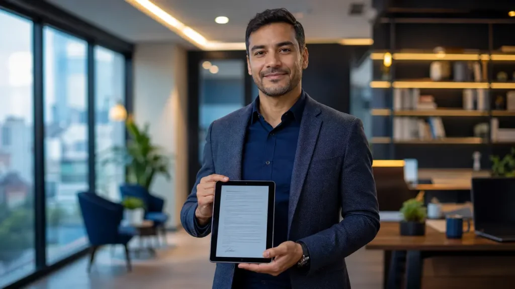 Homem em ambiente corporativo moderno, sorrindo e segurando um documento ou certificado em mãos, sugerindo aprovação e atendimento profissional representando a dúvida se contrato intermitente garante seguro-desemprego.