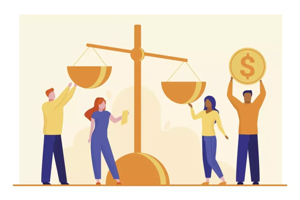 Imagem ilustrativa sobre o contrato intermitente, destacando a garantia do seguro-desemprego, com pessoas interagindo com uma balança de justiça e símbolo de dinheiro.