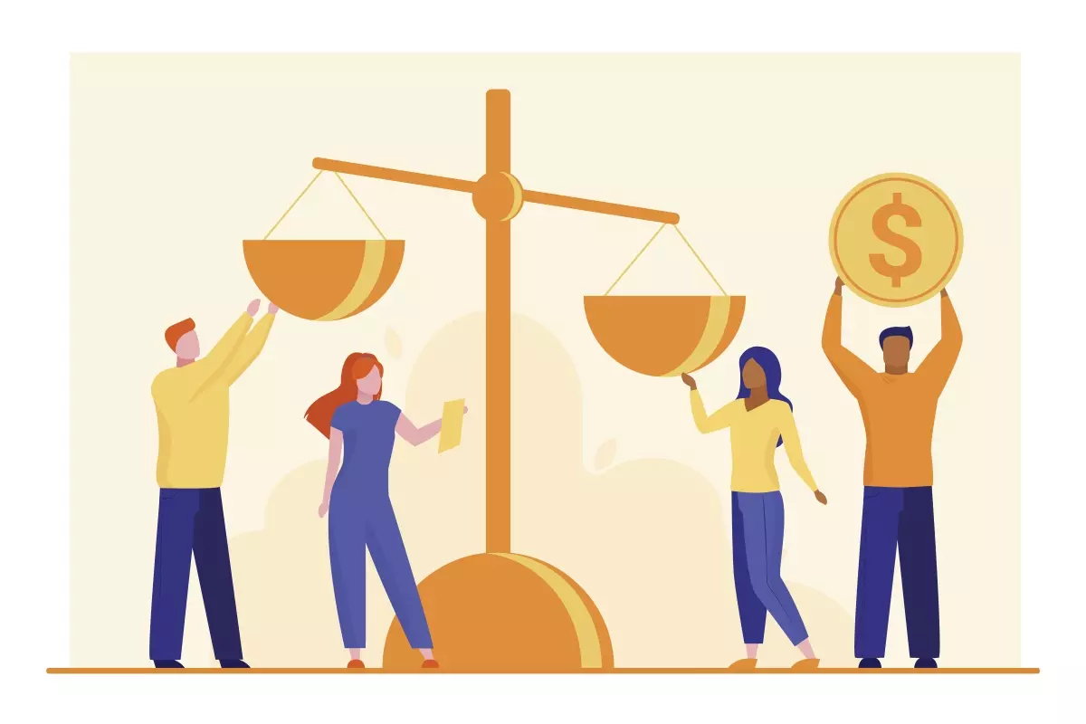 Imagem ilustrativa sobre o contrato intermitente, destacando a garantia do seguro-desemprego, com pessoas interagindo com uma balança de justiça e símbolo de dinheiro.