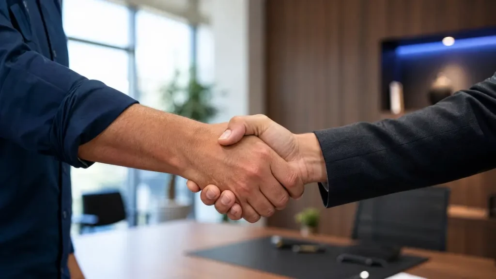 Duas pessoas em um ambiente corporativo fazem um aperto de mãos com terno, simbolizando acordo comercial, confiança e parceria simbolizando a rescisão por acordo no contrato de trabalho intermitente.