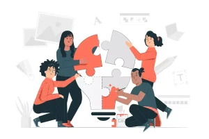 Imagem ilustrativa sobre exemplos de trabalho intermitente, mostrando quatro pessoas encaixando peças de quebra-cabeça que simbolizam colaboração e diferentes formas de trabalho.