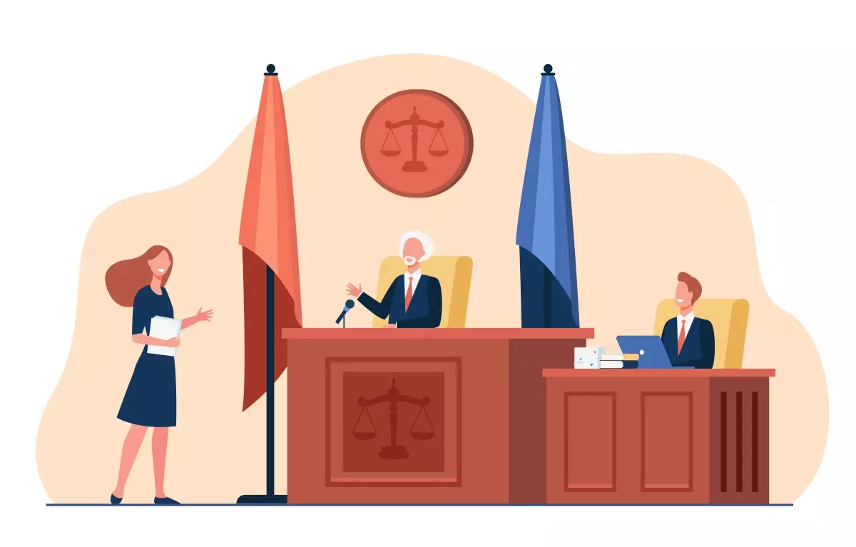 Ilustração de uma audiência trabalhista com um juiz, advogado, e uma testemunha no Tribunal, representando os cuidados jurídicos para evitar passivos no trabalho intermitente.