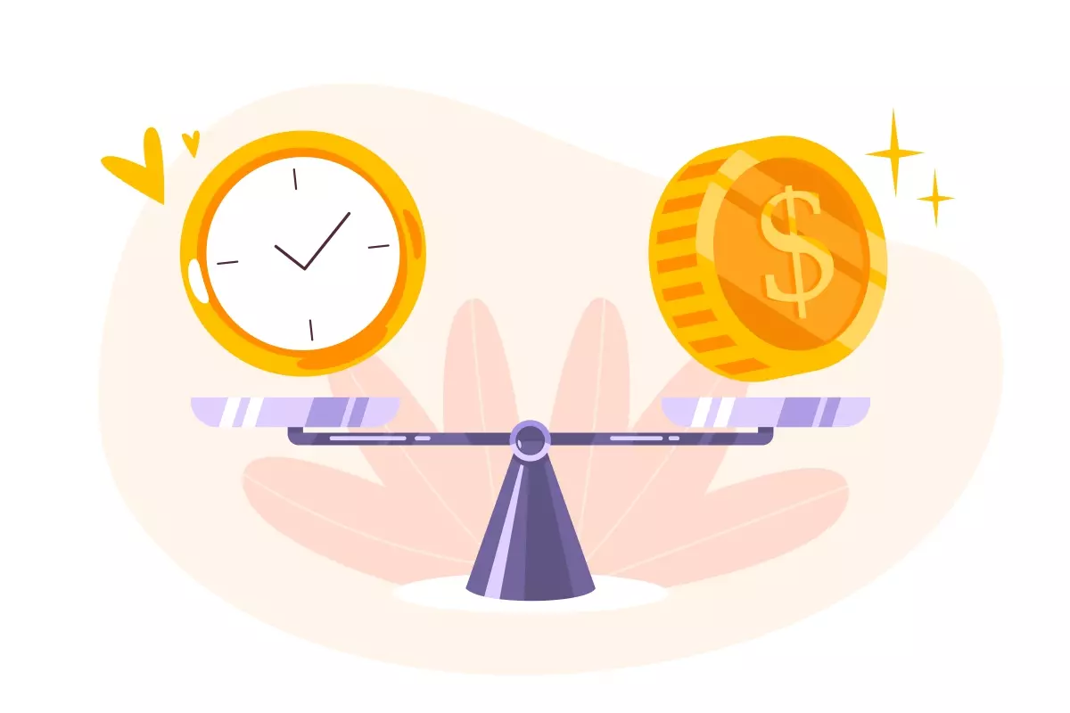 Ilustração mostrando equilíbrio financeiro com relógio e moeda dourada simbolizando hora extra no contrato intermitente, destacando a importância da remuneração extra e gestão de tempo.