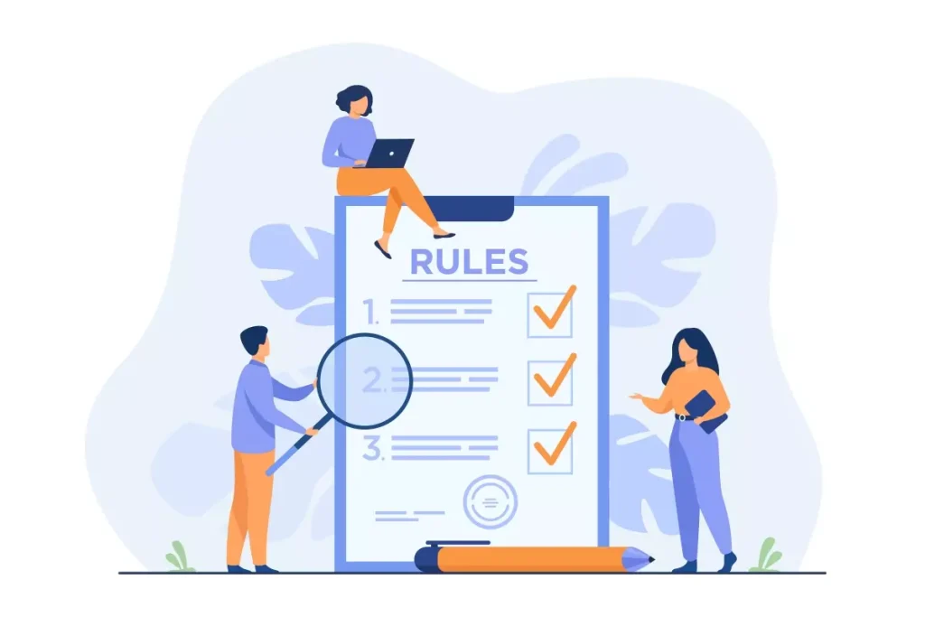 Ilustração sobre regras de trabalho intermitente, destacando critérios que descaracterizam esse tipo de contratação, com pessoas analisando uma lista de regras.
