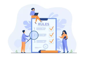 Ilustração sobre regras de trabalho intermitente, destacando critérios que descaracterizam esse tipo de contratação, com pessoas analisando uma lista de regras.
