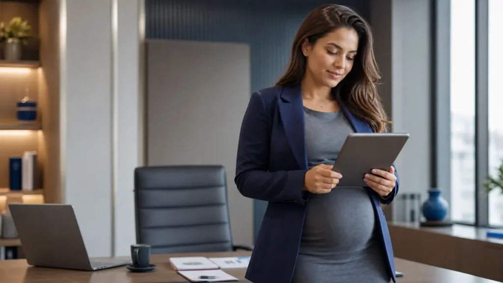 Mulher executiva em escritório moderno usando um tablet e analisando informações sobre licença-maternidade no trabalho intermitente, com laptop, xícara de café e documentos sobre a mesa, transmitindo foco no trabalho e produtividade.