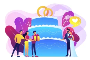 Ilustração de casamento com pessoas celebrando, presenteando os noivos, com um grande bolo de casamento ao fundo, ideal para trabalho intermitente em eventos de casamento.