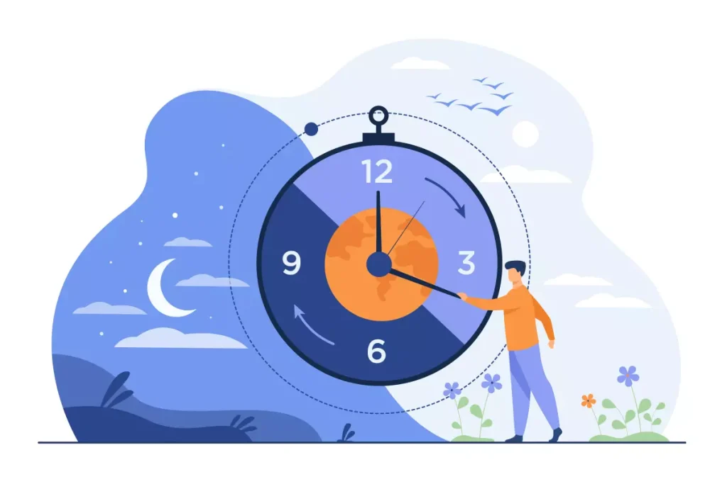 Ilustração representando adicional noturno no trabalho intermitente, destacando um relógio com horário noturno e uma pessoa ao lado, simbolizando trabalho durante a noite.
