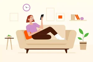 Ilustração de uma mulher relaxando no sofá, representando o conceito de descanso semanal remunerado no trabalho intermitente, com ambiente confortável e elementos de decoração na sala.