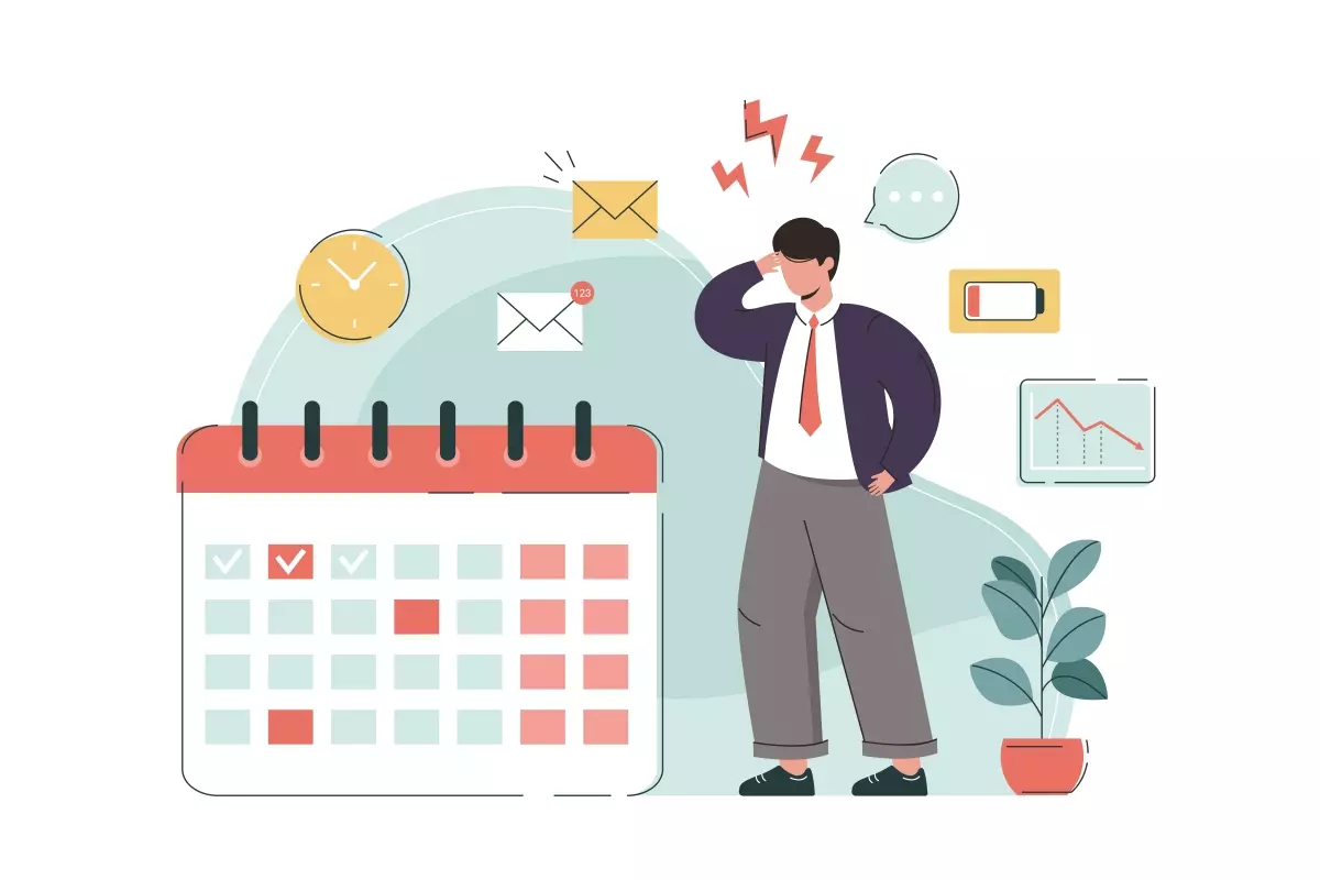 Homem estressado ao lado de calendário marcando dias de trabalho em contrato de trabalho intermitente, com ícones de email, gráfico e relógio.