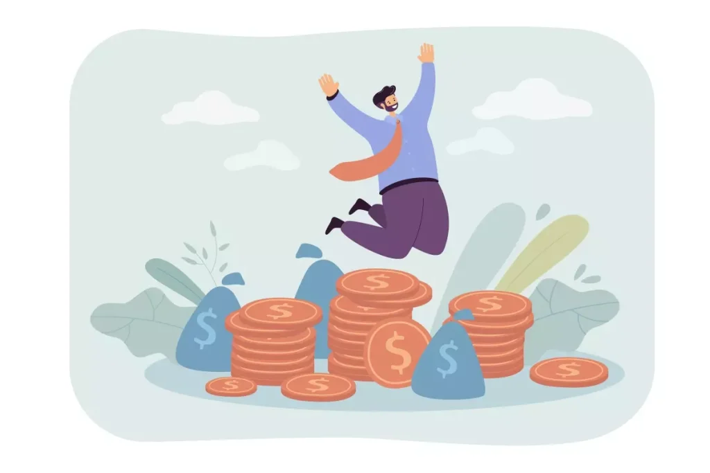 Ilustração de um homem feliz pulando em cima de pilhas de moedas e sacos de dinheiro, representando o reajuste de salário no contrato intermitente.