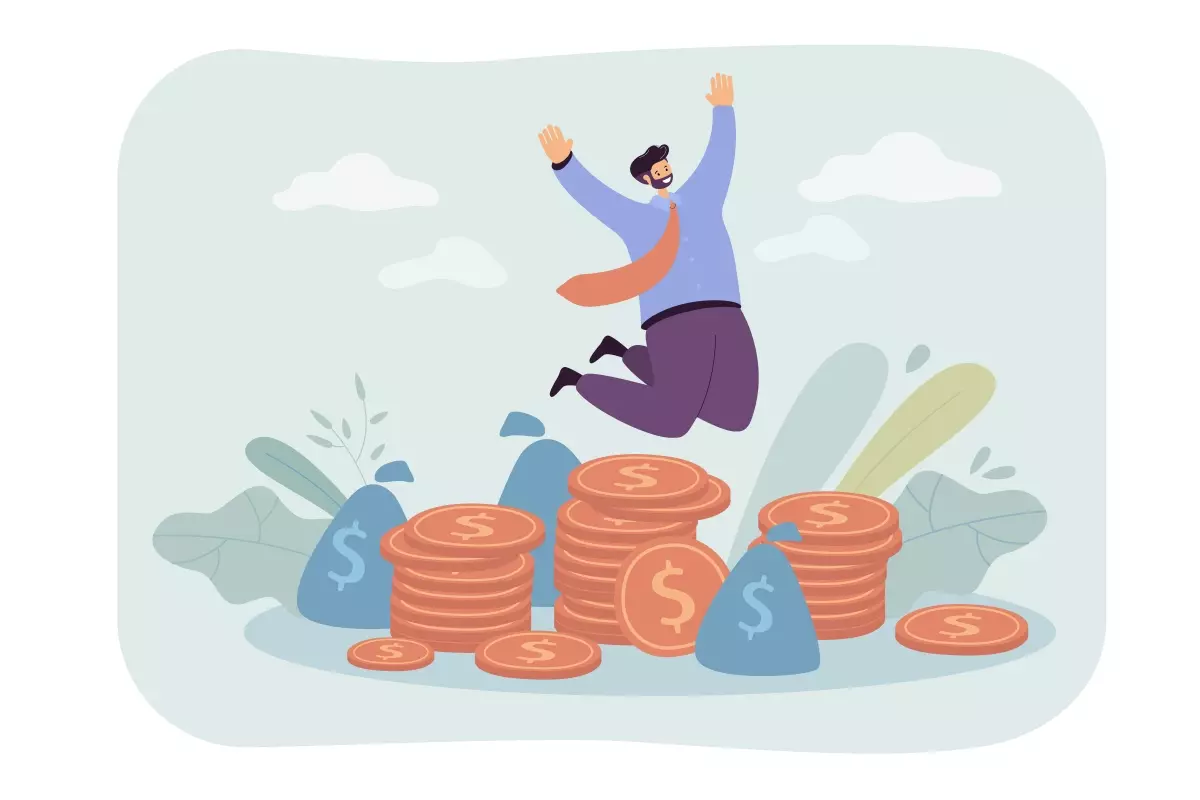 Ilustração de um homem feliz pulando em cima de pilhas de moedas e sacos de dinheiro, representando o reajuste de salário no contrato intermitente.