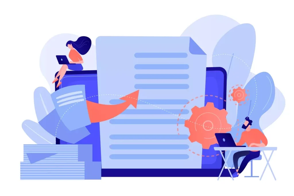 Ilustração representando a rescisão do contrato intermitente no eSocial, com pessoas trabalhando com computadores e documentos digitais.