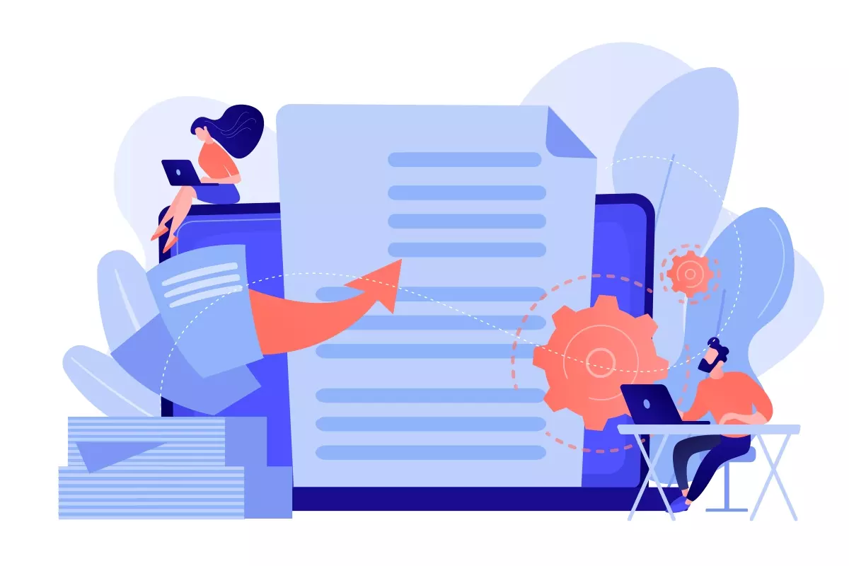 Ilustração representando a rescisão do contrato intermitente no eSocial, com pessoas trabalhando com computadores e documentos digitais.